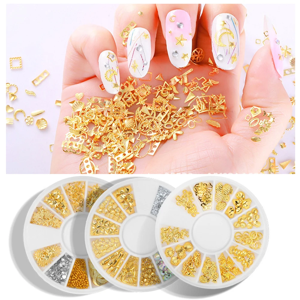 1Box Rivet Nail Studs 3D Nail Art Decoration Gold Silver Circle Star Round Square Triangle Mixed 2