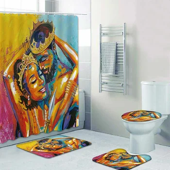 

4pcs Waterproof Bathroom Shower Curtain African Style Durable Bath Curtain Set Toilet Cover Mat Non-Slip Bathroom Decor Rug Set