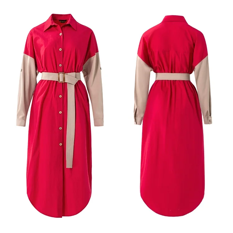 Хлопковое платье-рубашка, Осеннее Повседневное платье Vestidos, женское платье с воротником под горло, цветное платье с поясом до середины икры, красное черное платье