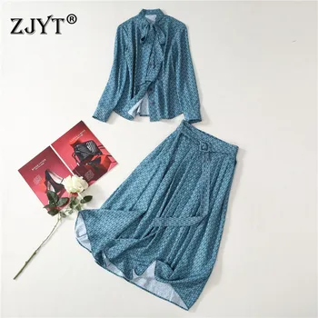 

High Quality Spring Runway Sets Women 2020 New Elegant Lady Outfits Long Sleeve Bow Collar Geometric Print Blouse and Skirt Sets