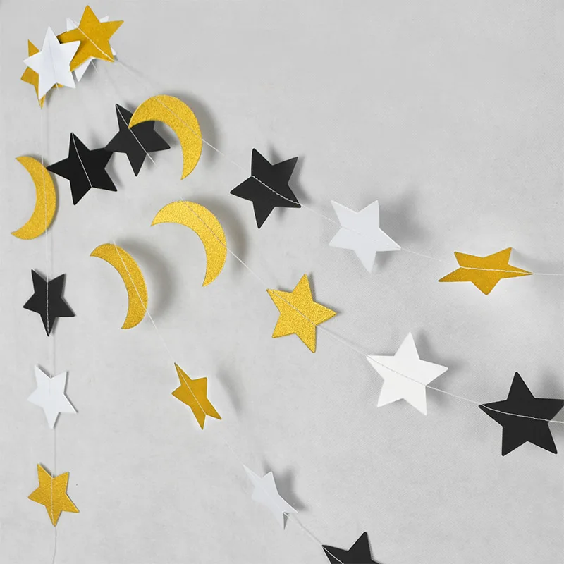 

Gold Black EID Mubarak Banner 4.8m Star Moon Paper Garland Ranmadan Kareem Decoration for home Eid al-fitr Favors