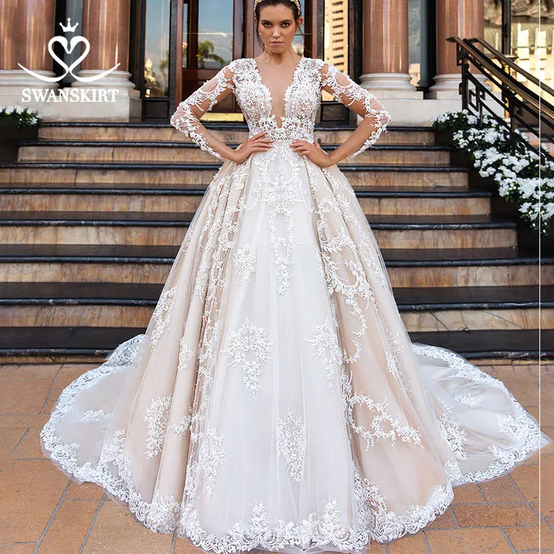 

Swanskirt Luxury Appliques Long Sleeve Wedding Dresses Illusion New Chapel Train Ball Gown Princess Bridal Vestido De Noiva F173