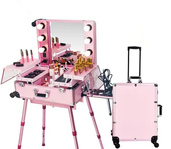 

CE Rolling Makeup Artist Train Box with Lights Station Trolley Studio Wheeled