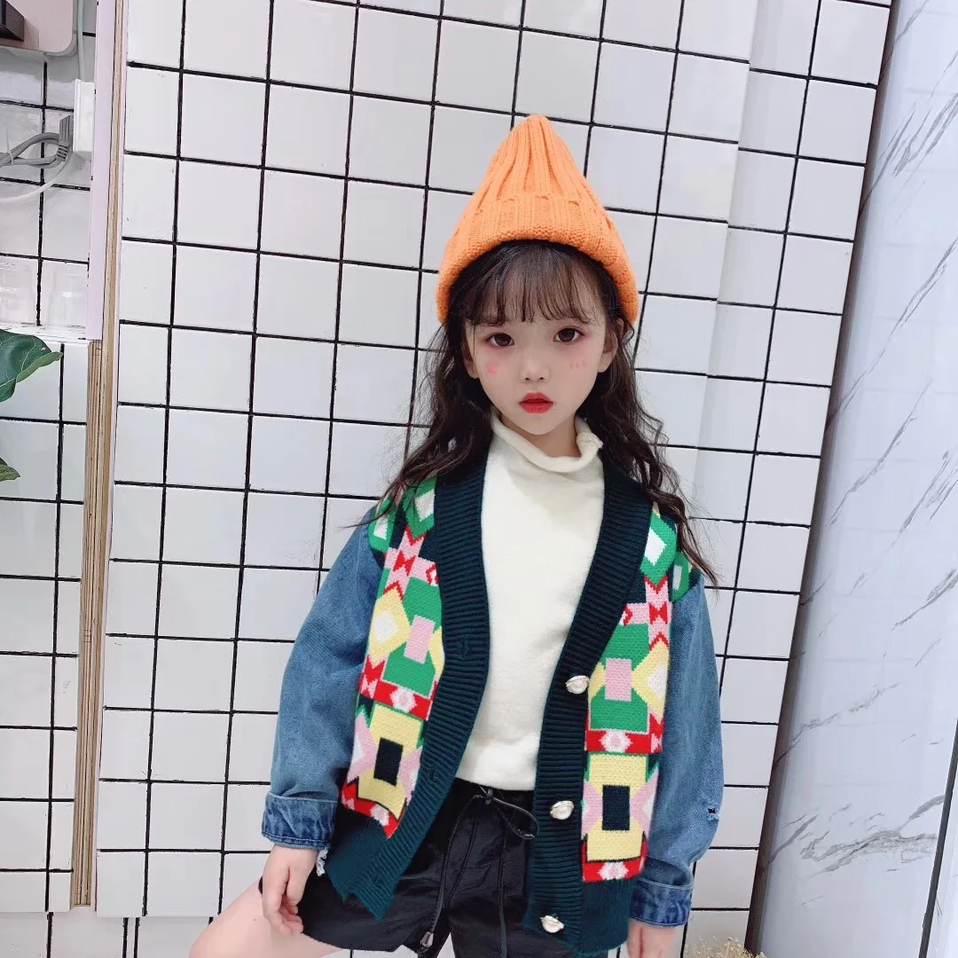 

Girls denim stitching jacket 2019 autumn and winter models baby style knit cardigan in children's shirt sweater