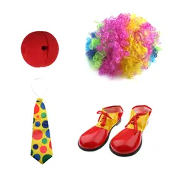 Смешной клоун джокер костюм аксессуары парик/нос/большой галстук/обувь комплект