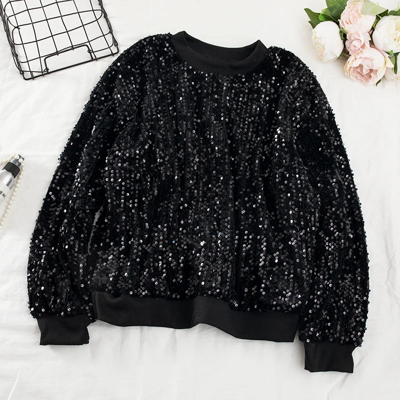 Neploe Blingbling Sequins пуловер Толстовка Осень Зима длинный рукав толстовки для женщин Корейский o-образный вырез Повседневный Топ джемпер 56735