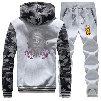 

Winter Titan print trend Hoodies Jacket sweatpants Suit Outwear+Pants 2Pcs Set Clothes Men Hooded Outerwear Thick Warm tracksuit