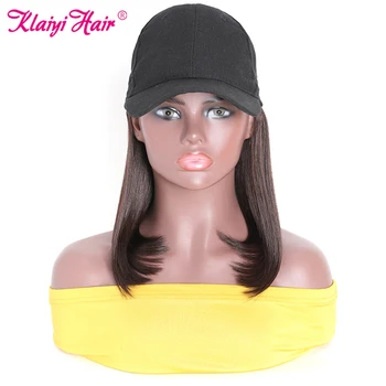 

Klaiyi Hair Baseball Cap Hair Wig 150% Density Short Bob Straight Remy Hair Wig #2 Color Adjustable Quick & Easy For Women