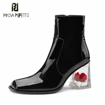 

Prova Perfetto Classics Ankle Boots For Women Leather Square Toe Back Zipper Rose Flower Crystal Heel Boots Sexy Botas Feminina