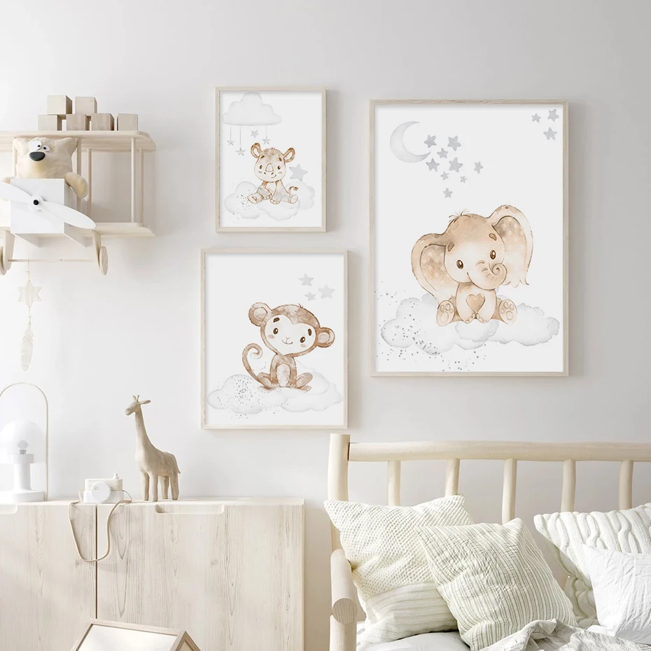 Animal-Deer-Lion-Monkey-Elephant-Nursery-Poster-Wall-Art-Canvas-Painting-Picture-Kid-Bedroom-Living-Room