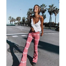 

Summer Women Casual Flare Pants Milk Silk High Waist Sexy Wide Leg Elastic Stripe Trousers Fashion Soft Stretchy Loose Bottoms