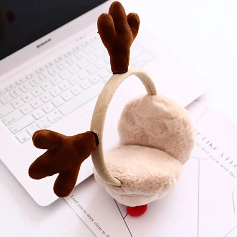 Womena Winter Christmas Plush Earmuffs Cartoon Reindeer Antler Party Ear Warmer