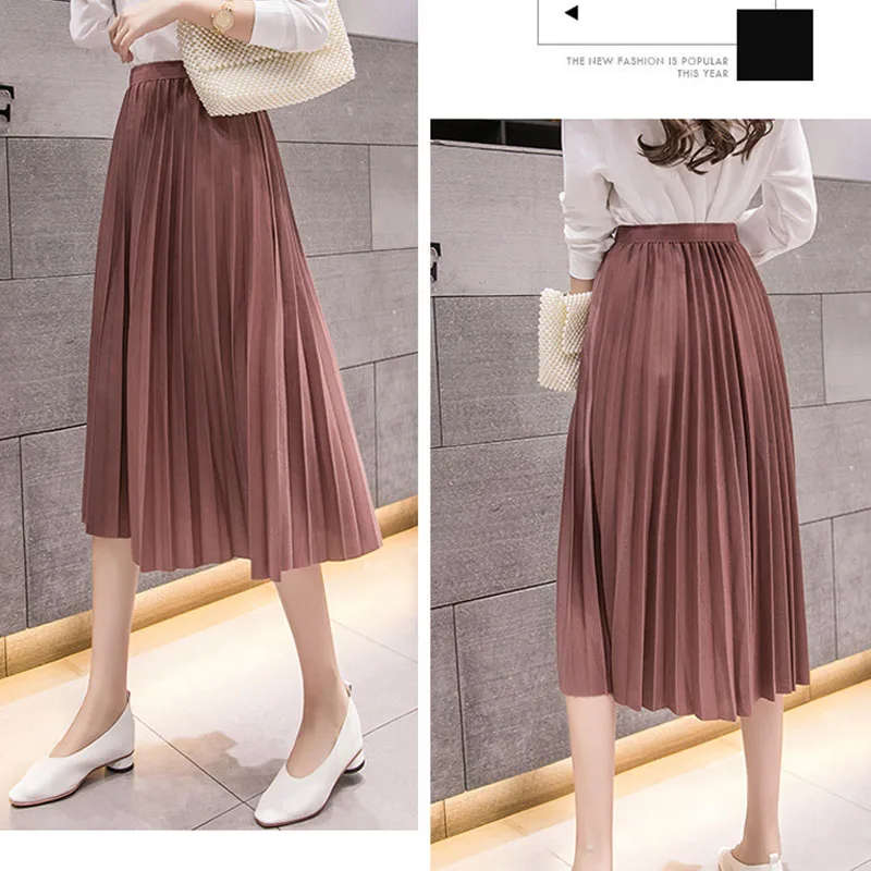 Женская Осенняя новая плиссированная Однотонная юбка миди Эластичная Высокая талия тонкая Повседневная Офисная женская элегантная студенческие юбки в Корейском стиле