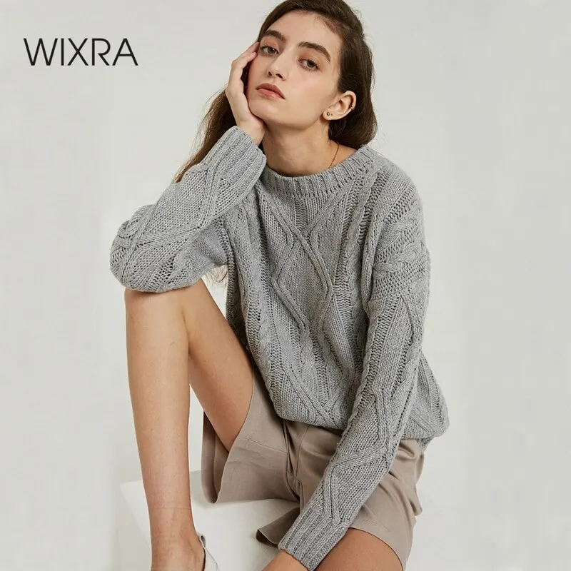 Свитера база мастхэв Wixra Твердые теплые О-образный вырез горловины Повседневная