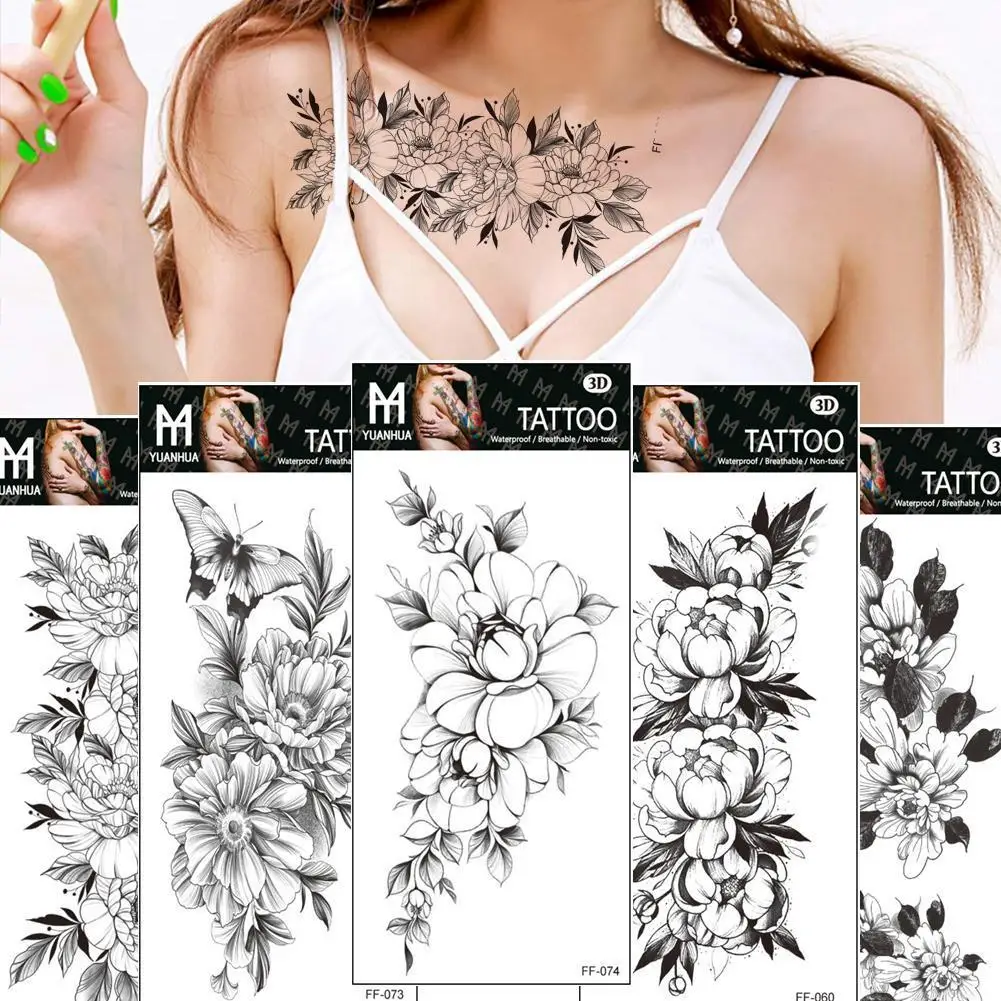

1 Sheet Flower Temporary Tattoos For Women Waterproof DIY Lady 3D Black Blossom Tatoos Tattoo Shoulder Stickers S3U6
