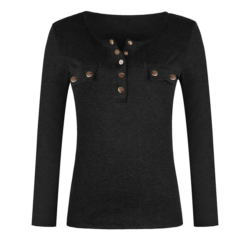 Элегантная трикотажная блузка с металлическими пуговицами, весна, рубашка с v-образным вырезом и длинным рукавом, Женские однотонные Осенние Топы, пуловер
