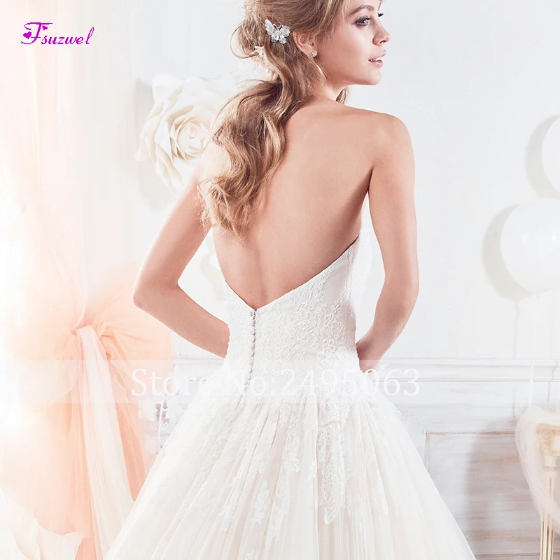 Fsuzwel New Sexy Strapless Backless A-Line Wedding Dress Graceful Appliques Lace Court Train Princess Bridal Gown Plus Size
