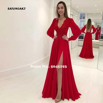 

SATONOAKI 2019 V-Neck Long Sleeves Lace Appliques Slim Prom Dresses Split Formal Vestidos De Soiree Custom Evening Party Gowns