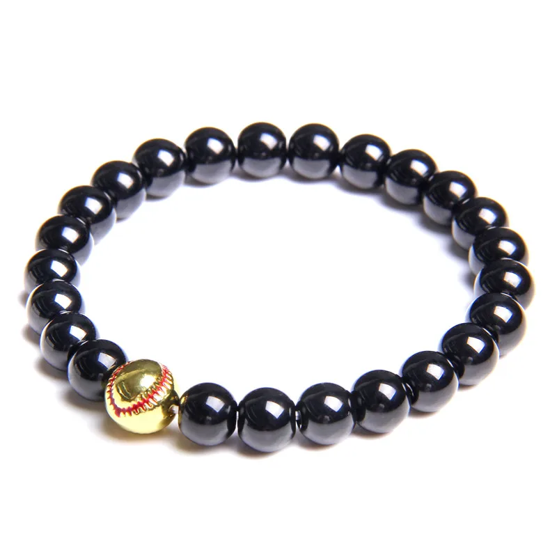Basketball Charm Bracelets For Man Natural Polished Black Agat Beads Bracelet Gold Alloy Ball Bangle Sports Women Jewelry | Украшения и