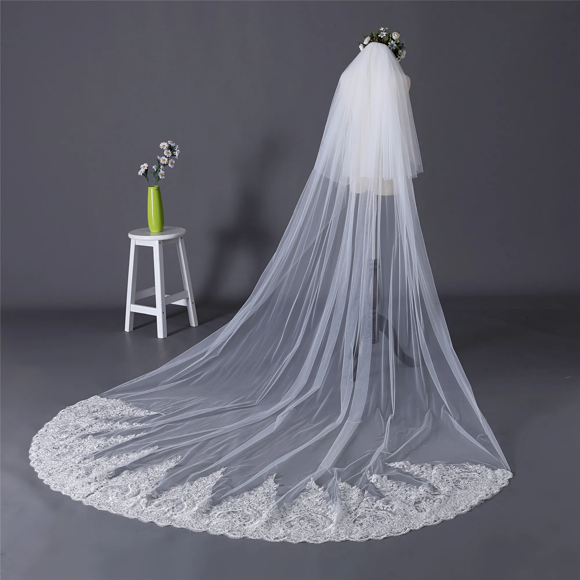 Erosebridal Румяна невесты вуаль кружева свадебная фата слоновой кости Длинная Вуаль собора на заказ размер