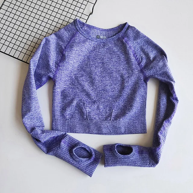 Purple Женская камуфляжная бесшовная гимнастическая майка с длинным рукавом, спортивный топ для йоги, топы Спортивные для женщин, футболка для фитнеса, женская футболка, спортивная одежда - Цвет: Purple