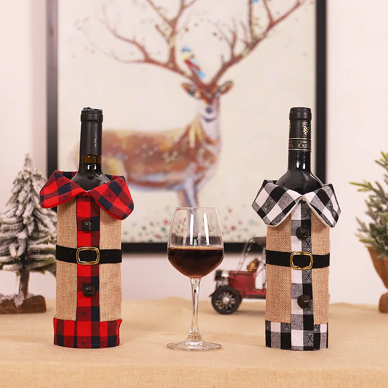High Quality Nordic Style Linen Plaid Clothes Decorative Christmas Wine Bottle Cover | Дом и сад