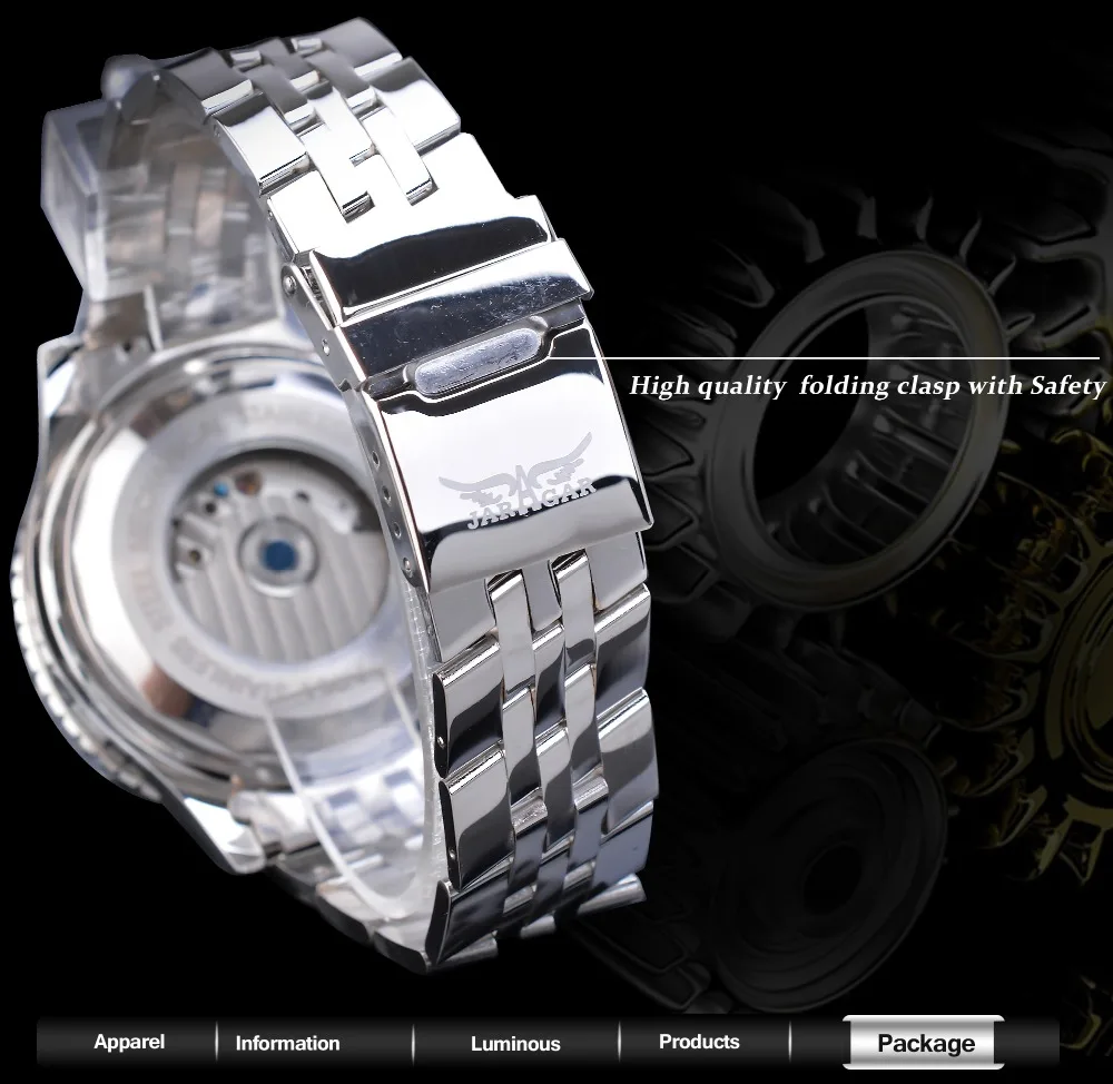 Jaragar Fashion Mens Mechanical Watch Tourbillon Automatic White Date Display Stainless Steel Strap Military Sport Clock Relojes