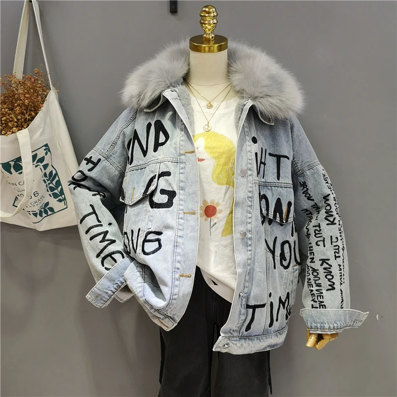 Джинсовая куртка с вышивкой, женская зимняя куртка из овечьей шерсти, толстая большая джинсовая парка с мехом, женская уличная верхняя одежда из хлопка