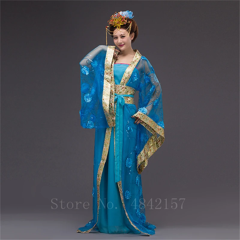 Древний китайский традиционный стиль Hanfu женские элегантные цветочные кружевные танцевальные костюмы для выступлений сказочные национальные фотографии платье - Color: Blue