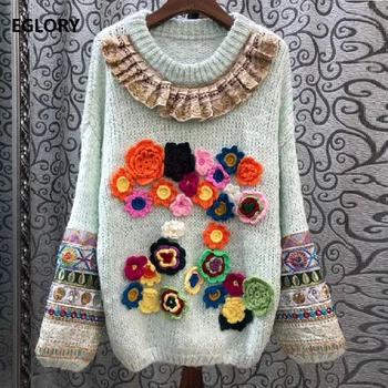 

2019 Autumn Winter Fashion Pullovers Women Appliques Flower Patterns Knitting Long Sleeve Casual Green Jumper Ladies Loose Tops