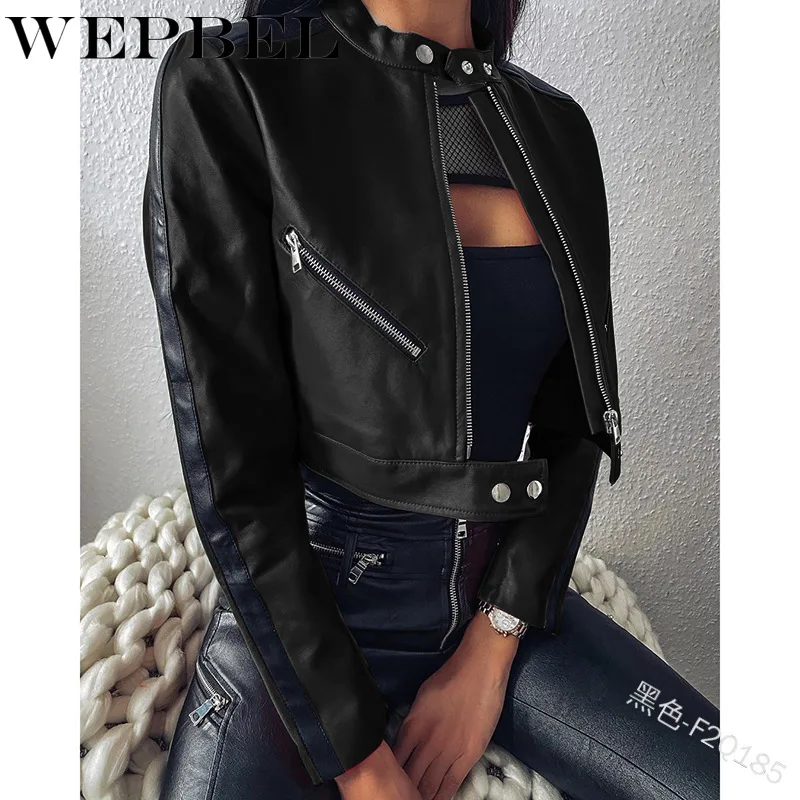 

WEPBEL Women's Fashion Stitching Zipper Button Jacket Casual Long-Sleeved O-neck Short Slim-Fit Jacket