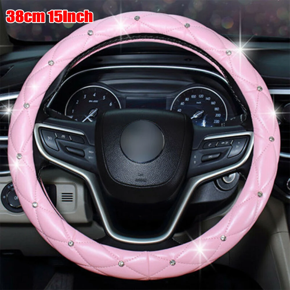 

1x Pink Car Steering Wheel Cover 38cm/15Inch PU Leather Bling Rhinestone Decoration Fashionable Interior Parts & Accessories