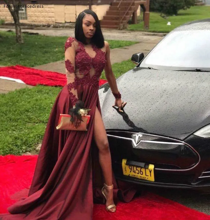 2018 Dark Red Sexy High Slit Prom Dresses Black Girls Sheer Long Sleeves Appliques Celebrity Dresses Formal Evening Party Gowns 128 (3)