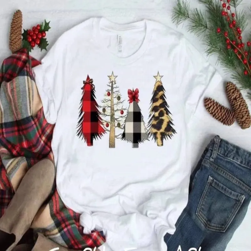 

Merry Christmas Tree Women Casual Print O-Neck Korean Thanksgiving T Shirt Vintage Graphic Tees Womens Christmas Shirts