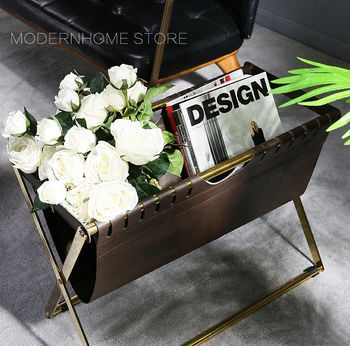 

Hot Top Sale Nice Promotion Living Room Modern Design Silver Gold Color PU Leather Magazine Book Rack Storage Basket Shelve 1PC