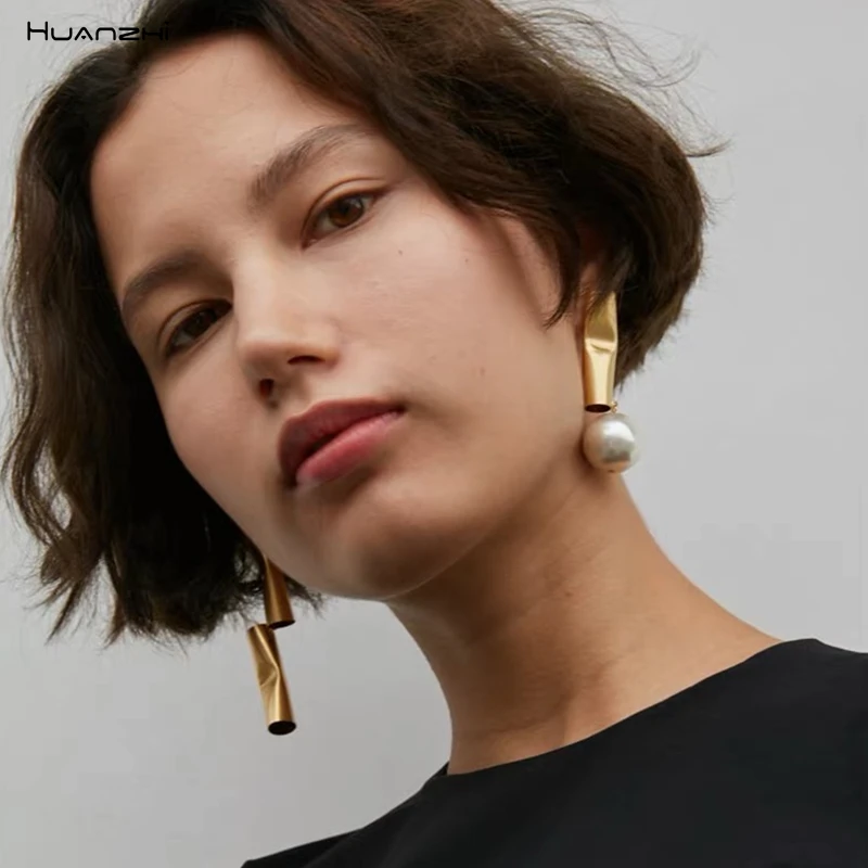 HUANZHI/ геометрический Асимметричный висячий металлический Железный трубный соединитель жемчужная стальная игольчатая Серьга для женщин, вечерние