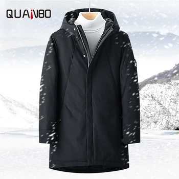 

QUANBO 2019 New Winter Men's Down Jacket Thick Warm Fashion Hooded Long Down Jacket 70% White Duck Down Parker Coat Black