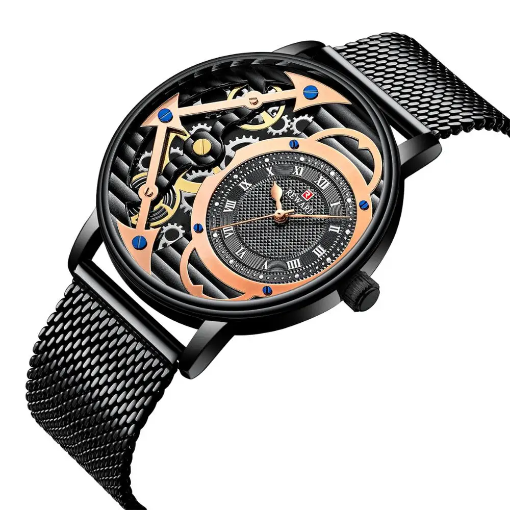 

2019 New Mens Watches Skeleton Dial Mesh Strap Stainless Steel Business Wristwatches Japan Quartz Watches Reloj Hombre zegarek