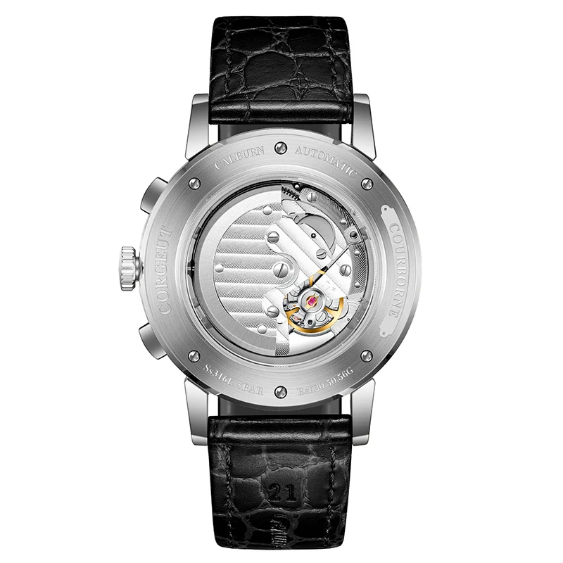 42mm Corgeut Watches Mechanical wristwatches moon Phase Watches Silver Year Day Month Week 316L SS Case Automatic Watch For men 5