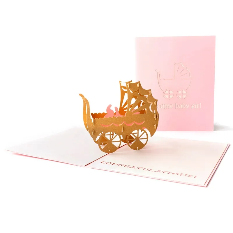  10pcs 15.5*13cm 3D stroller baby carriage Mother's Day Thanksgiving Day Birthday laser cut invitati - 4000346758440