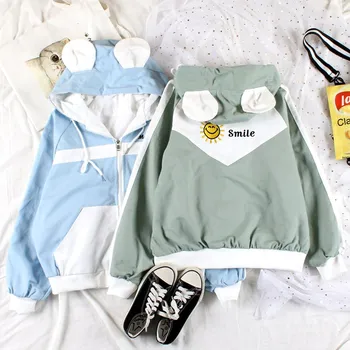 

Korean Harajuku Soft Girl 2020 Spring Loose Hooded Coat Japanese Preppy style Cute Bear Ear Zipper Sports Jacket Tops Female