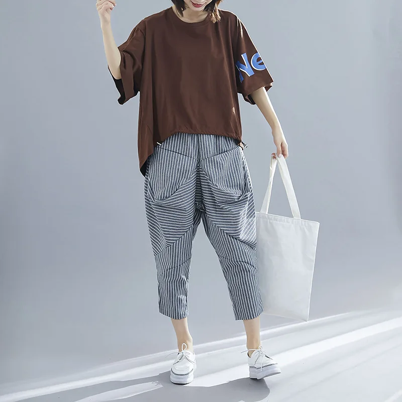 

Photo Shoot 2019 Summer Loose And Plus-sized Drawstring T-shirt + Stripes Harem Pants Two-Piece Set Cotton Linen Set
