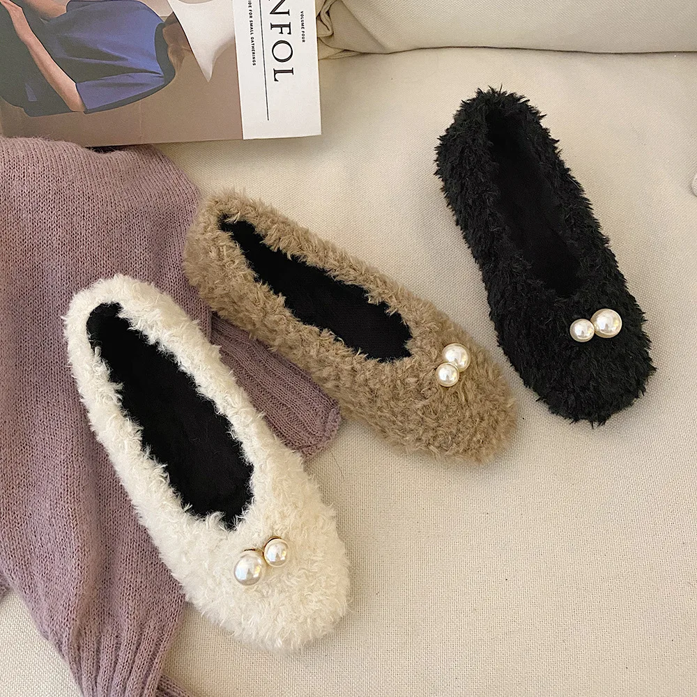 

Sweet Pearl Wool Fur Flats Solid Color Cotton Shoes Women Winter Slip on Moccasins 2020 Fairy Comfy Thick New Square Toe Loafers