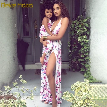 

Mother Daughter Dresses 2020 Summer Sleeveless Floral Lacing Mom And Girl Long Dress Backless Family Look Mommy And Me Clothes