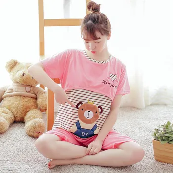 

Summer comfortable confinement pajamas thin section pregnant women breastfeeding O-collar cartoon cotton short-sleeved home