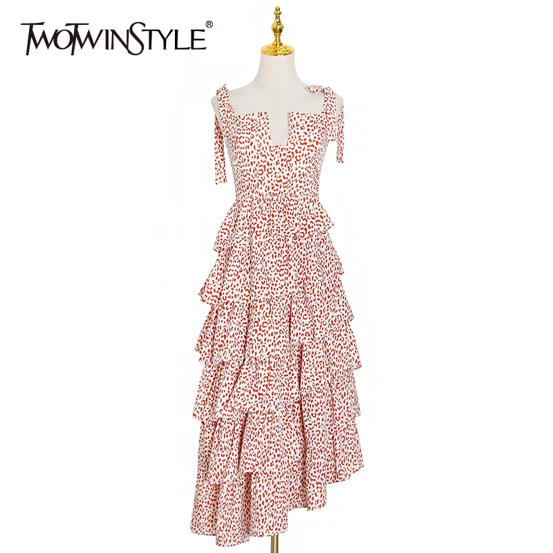 TWOTWINSTYLE Hit Color Print Dress For Women Square Collar Sleeveless High Waist Lace Up Elegant Sling Dresses Female New Style TWOTWINSTYLE Hit Color Print Dress For Women Square Collar Sleeveless High Waist Lace Up Elegant Sling Dresses Female New Style