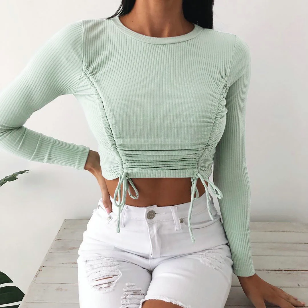 

Top Sexy round Neck Solid Color Drawstring Midriff Outfit Long-Sleeved Upper Garment tops women 2020 oversized t shirt