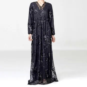 

Black Beads Sequins Womem Abaya Dress Double Layer Arabic Clothing Dress Embroidery Female Muslim Dress Elegant Long Robe Gown