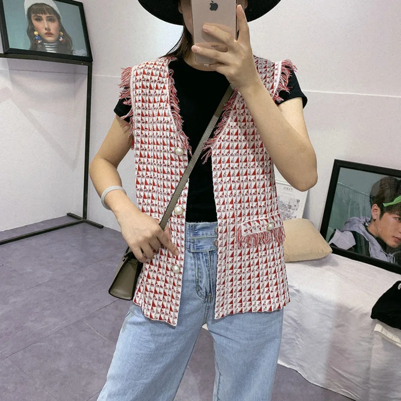 

Fringe Knitted vest sweater 2019 Autumn Open Stitch Plaid Knit Vest Fringe Knitted Coat Outerwear Sleeveless Sweater Vest P-024
