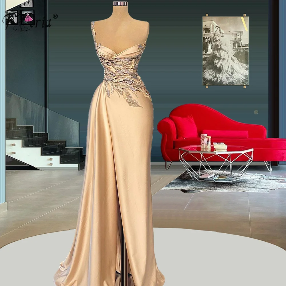 

Elegant Arabic Champagne Mermaid Evening Dresses Luxury Ruched Beads Longue Robes Formal Party Dress 2021 NEW vestiti da sera